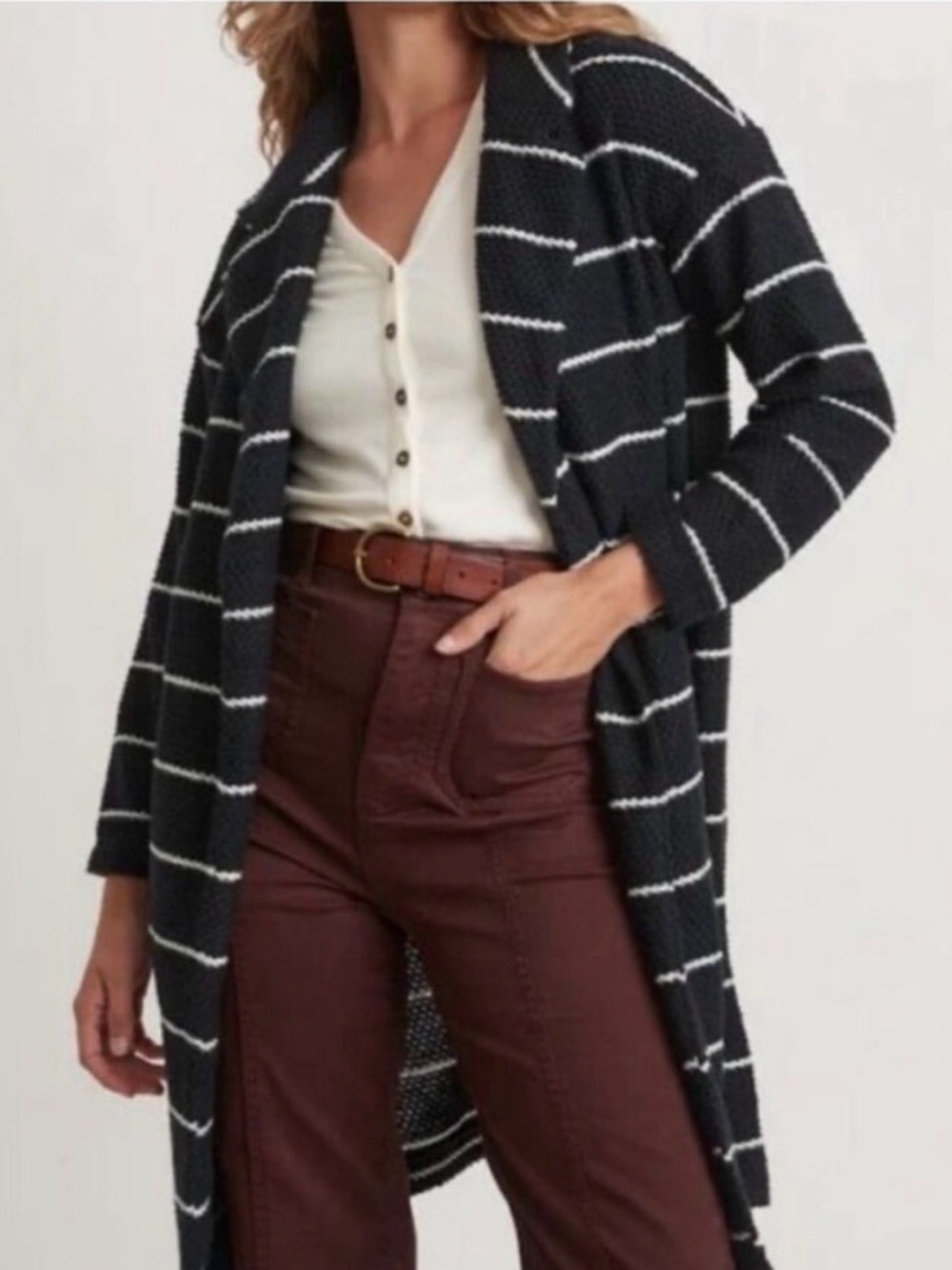 Marine Layer Black/Navy & White Striped Knit Coat
